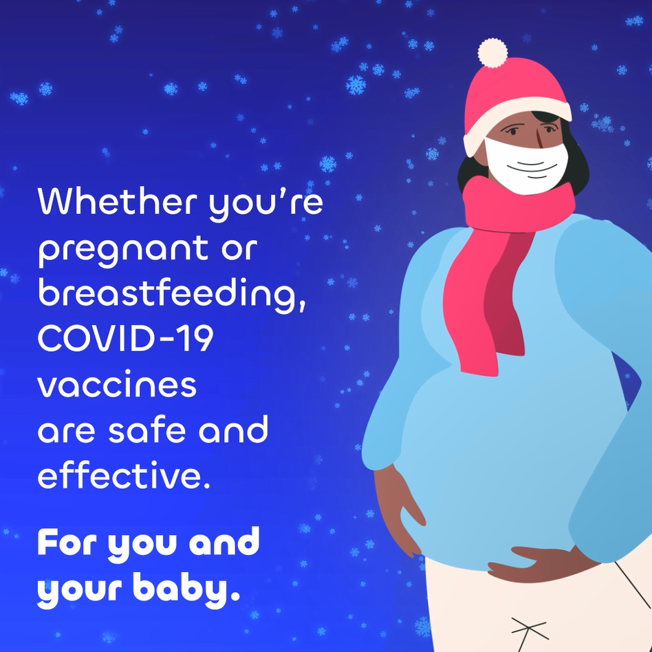 A pregnant Black person in a hat, scarf, and mask stands against a snowy background.