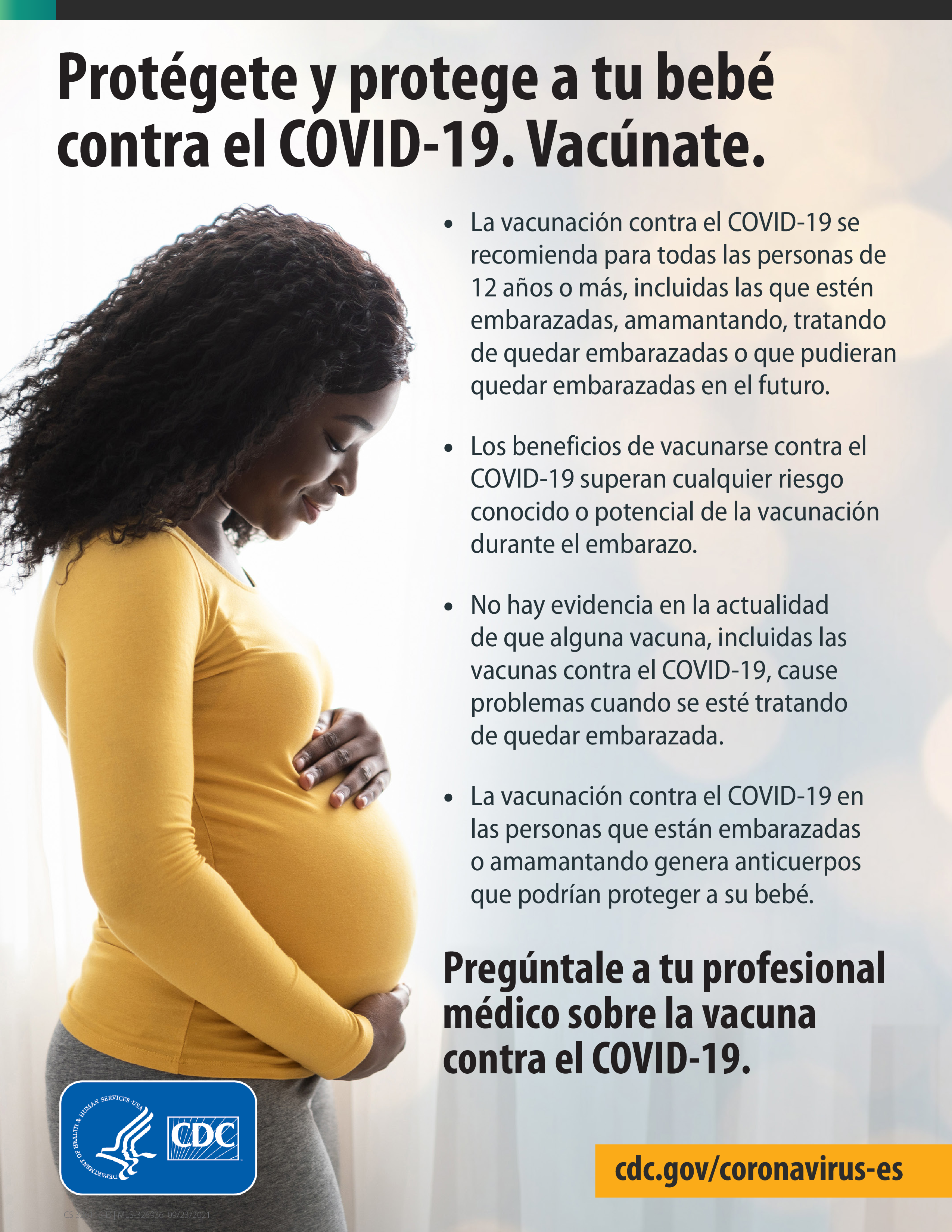 A Black pregnant woman wearing a yellow shirt is standing facing the right, with her hands holding her stomach. The CDC logo is on the bottom left in blue with white text. 