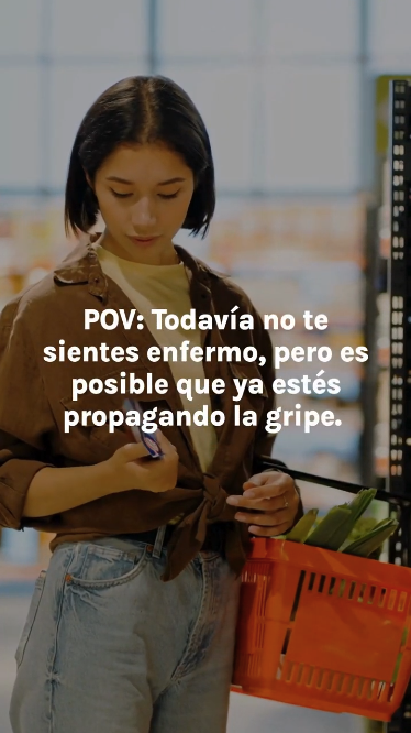 Video clips of daily activities: grocery shopping, riding a crowded bus, and spending time with loved ones. The text overlay reads: "POV: You don’t feel sick yet, but you might already be contagious with the flu."