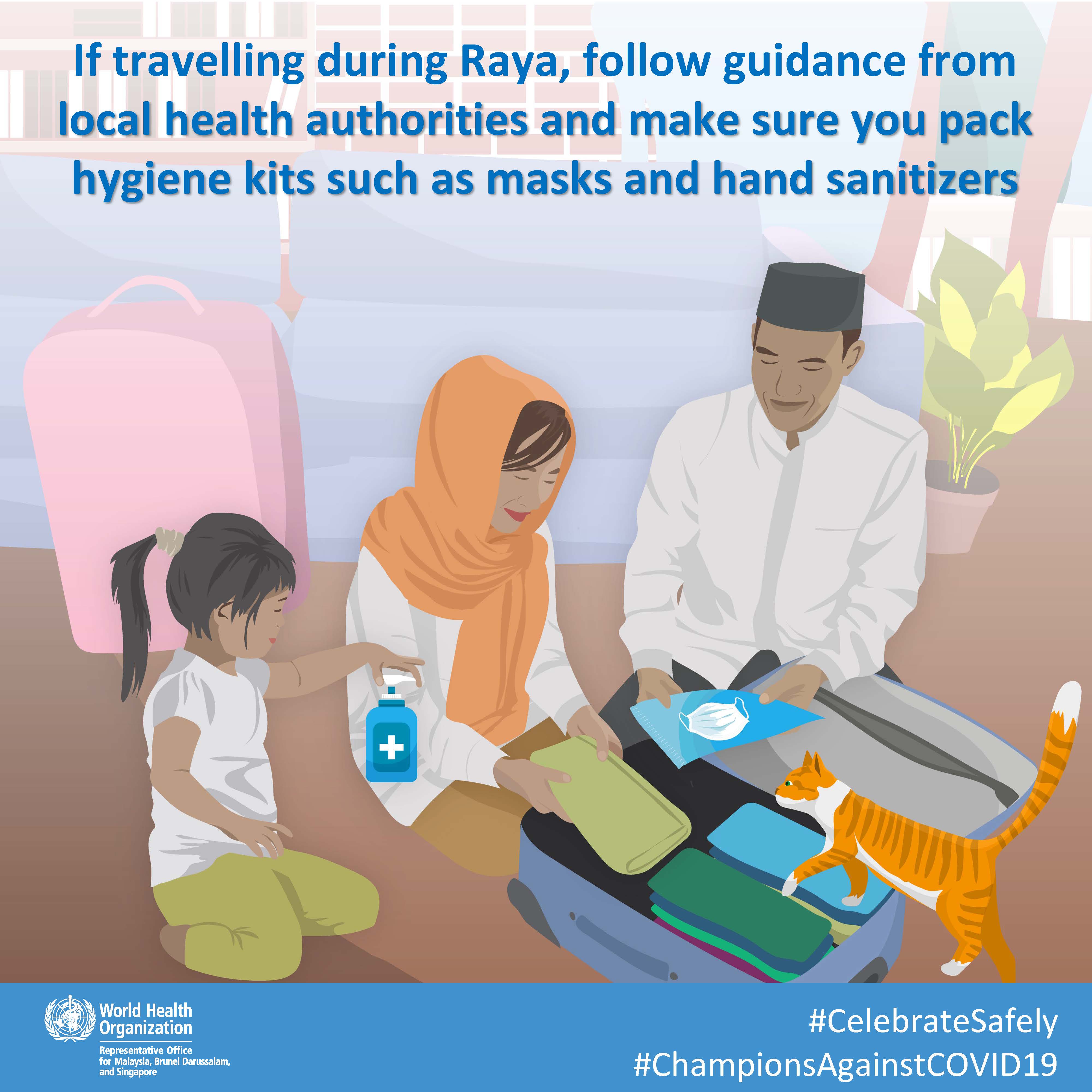 Image with a South Asian family a three packing for their upcoming trip; the family's cat climbs on top of their clothes, the daughter is holding sanitizer, the father is holding a mask, and the wife is packing the clothes