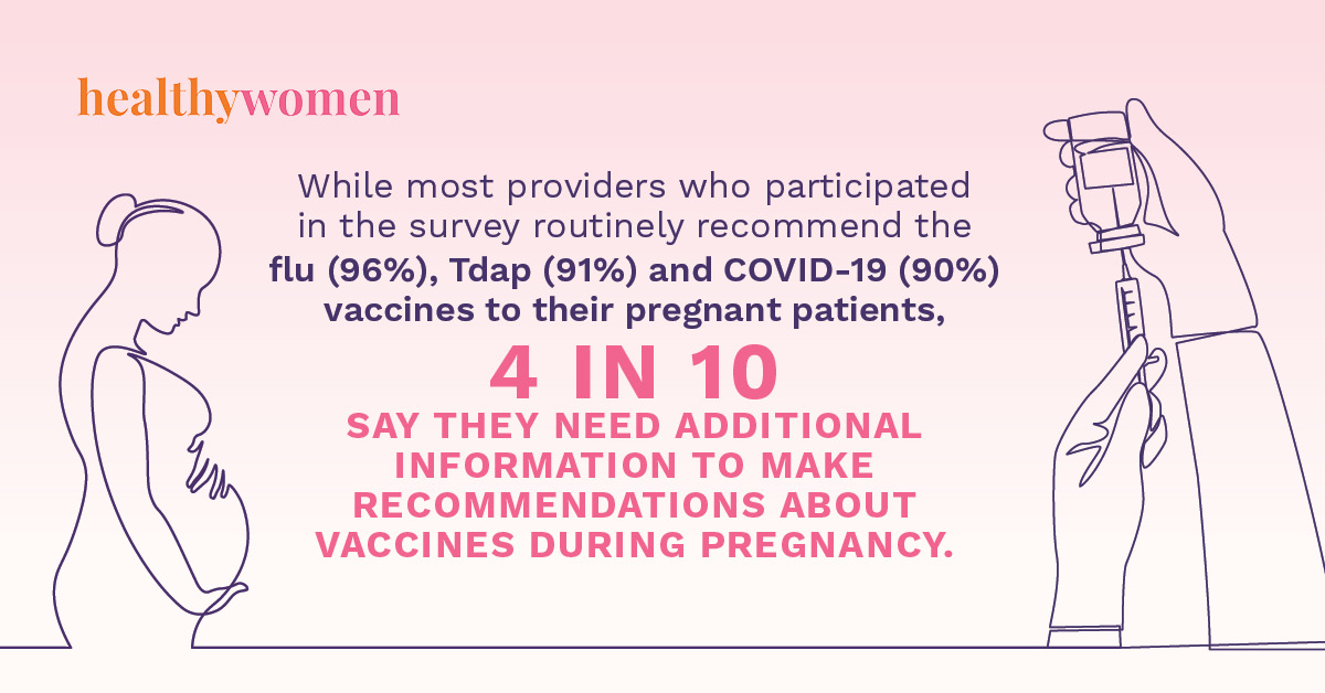 Cartoon illustration shows silhouette of a pregnant woman and a vaccine vial being prepared 