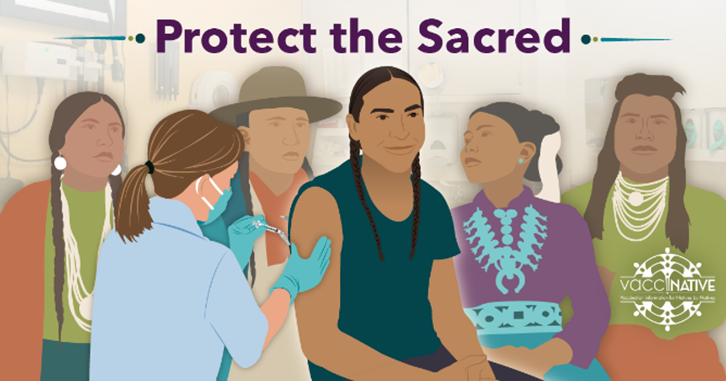 A Native man smiles while receiving a vaccine from a masked healthcare worker, surrounded by spirits of his ancestors.