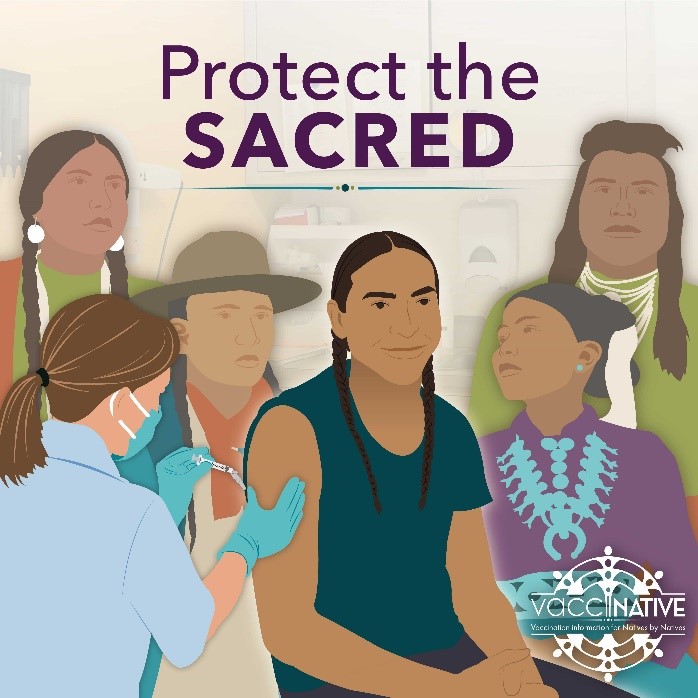 A Native man smiles while receiving a vaccine from a masked healthcare worker, surrounded by spirits of his ancestors.