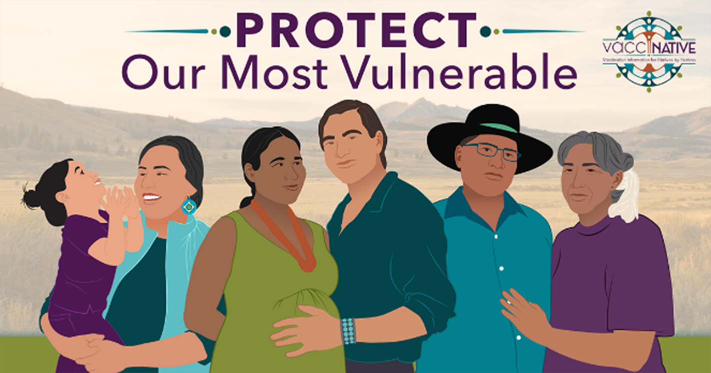 A Native mother smiles and holds her laughing Native child, a Native man rests his hand on his partner's pregnant belly, and an elderly Native couple stand arm in arm.