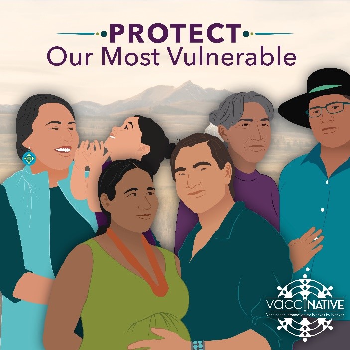 A Native mother smiles and holds her laughing Native child, a Native man rests his hand on his partner's pregnant belly, and an elderly Native couple stand arm in arm.