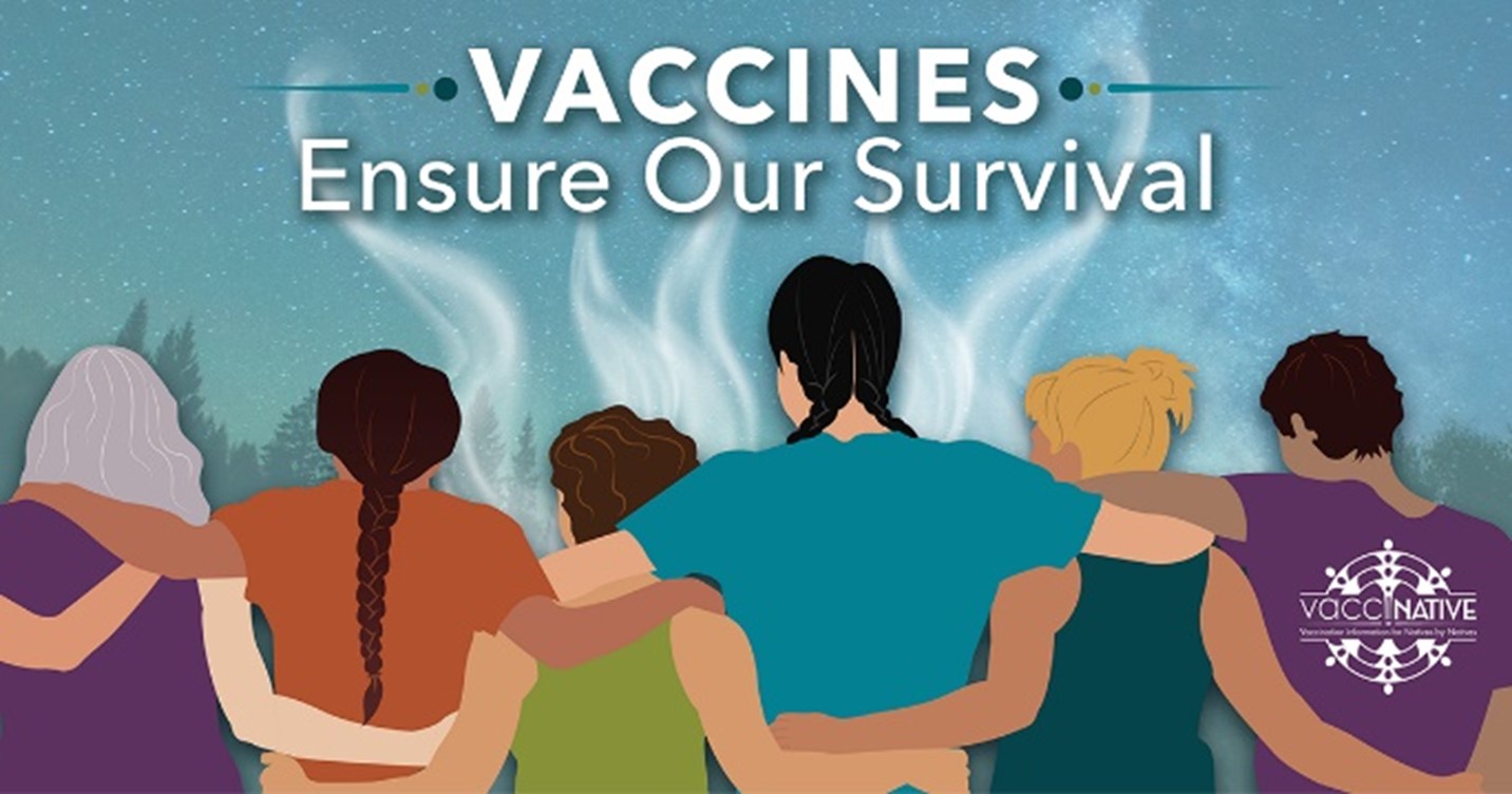 A group of Native people of various ages stand arm in arm looking out at the sky.