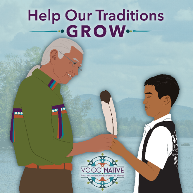 An older Native man smiles and hands a young Native child a feather.