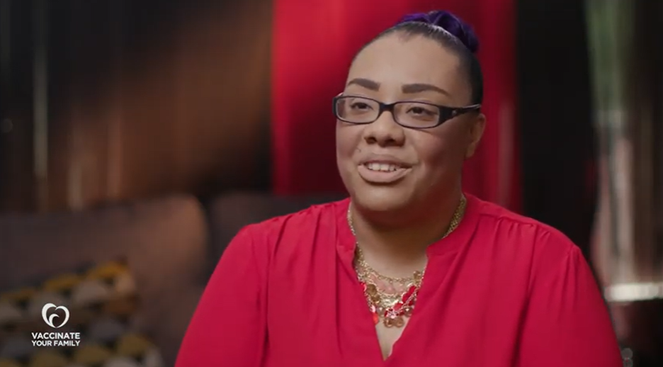 Angelina Rosario in red shirt telling her story