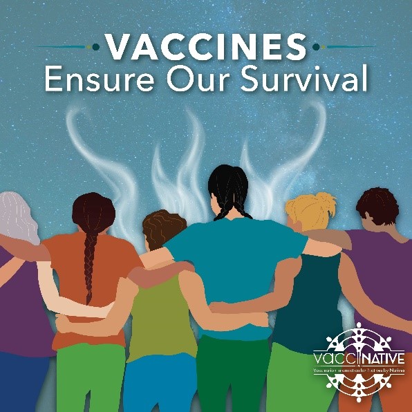 A group of Native people of various ages stand arm in arm looking out at the sky.