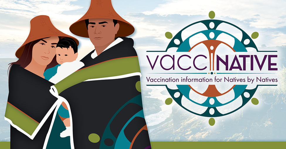 A Native mother and father with hats wrapped in a blanket embrace and hold their newborn baby.