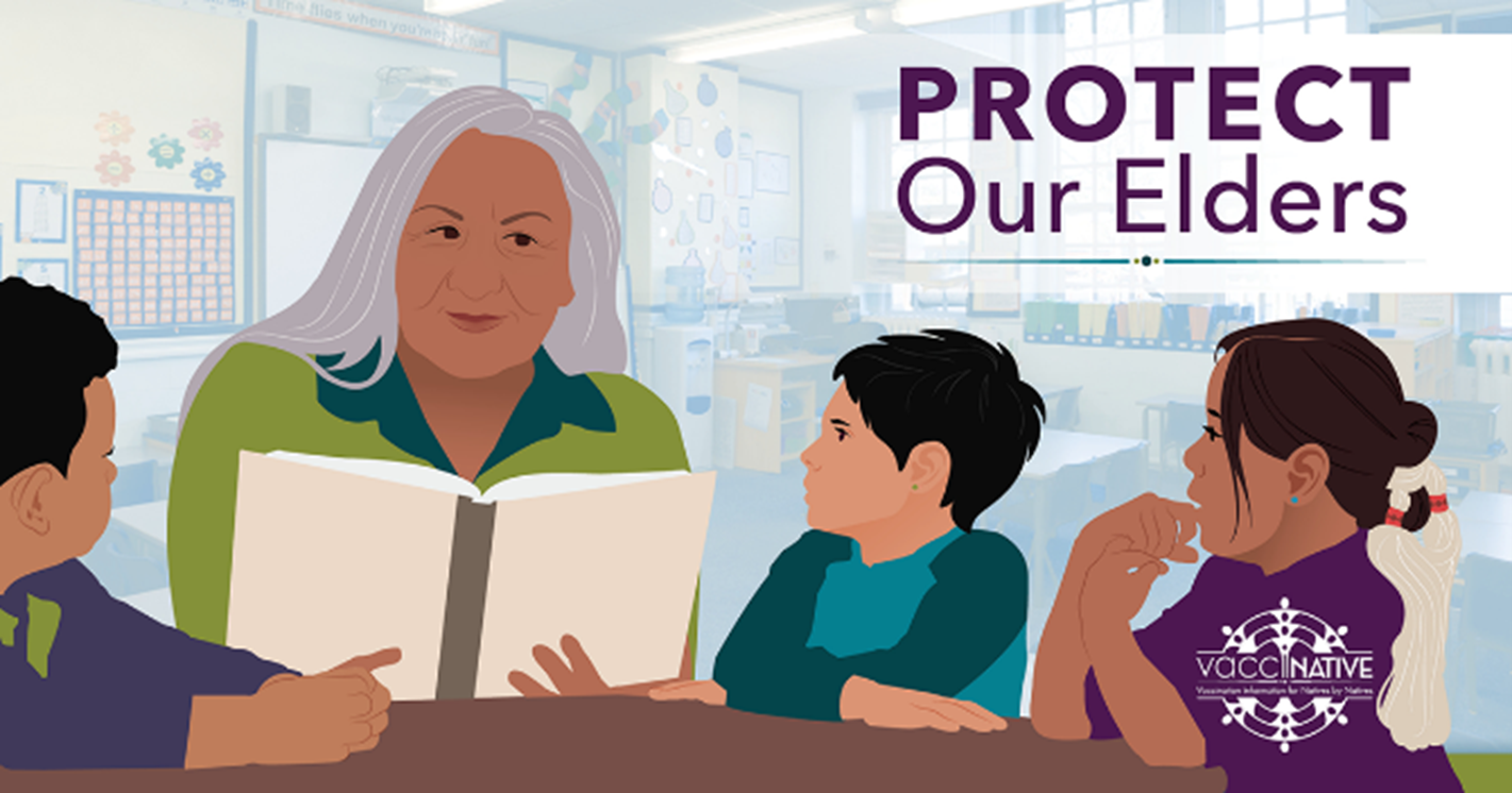 A Native elder reads to three Native children all sitting around a table at school.