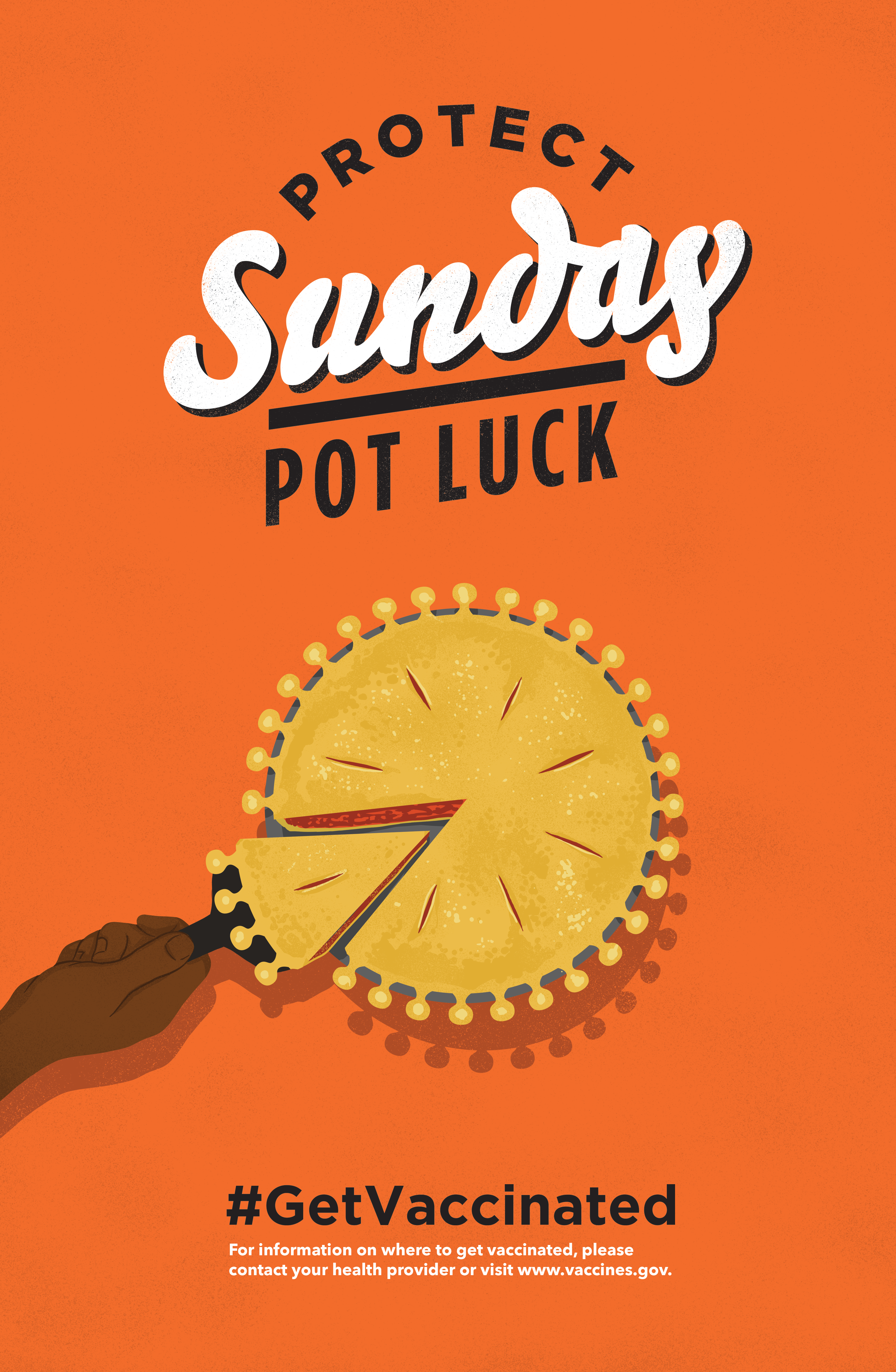 The middle of the poster shows a baked pie with a slice being removed. 