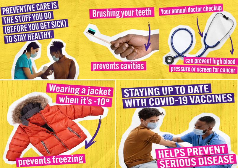 Series of graphics show a health care provider giving a vaccine to a Black woman, a hand holding a toothbrush, a stethoscope, a winter coat, and a Black health care provider giving a vaccine to a male teen