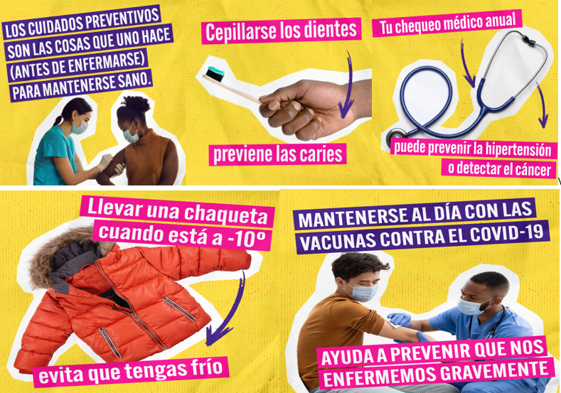 Series of graphics show a health care provider giving a vaccine to a Black woman, a hand holding a toothbrush, a stethoscope, a winter coat, and a Black health care provider giving a vaccine to a male teen