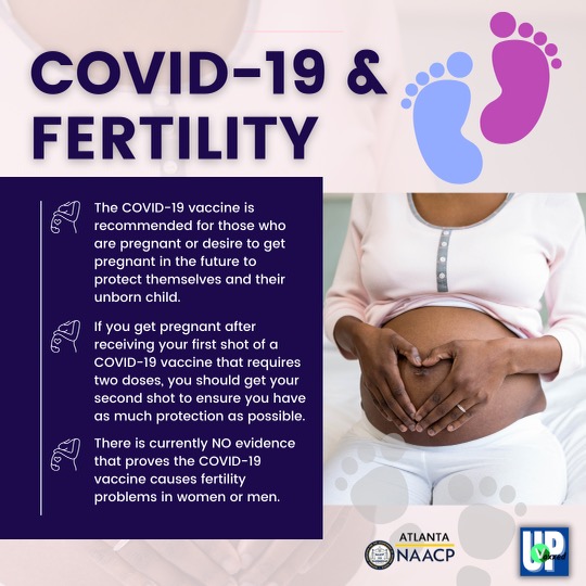 A Black pregnant woman holds her stomach with both hands. Cartoon images of baby feet are above next to the title 'COVID-19 & Fertility"