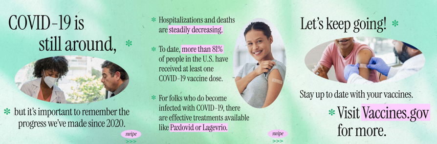 Three panels show a Black doctor wearing a face mask speaking with a Hispanic man, a Hispanic woman smiling showing an adhesive bandage on her arm, and a doctor placing an adhesive bandage on a woman's shoulder.