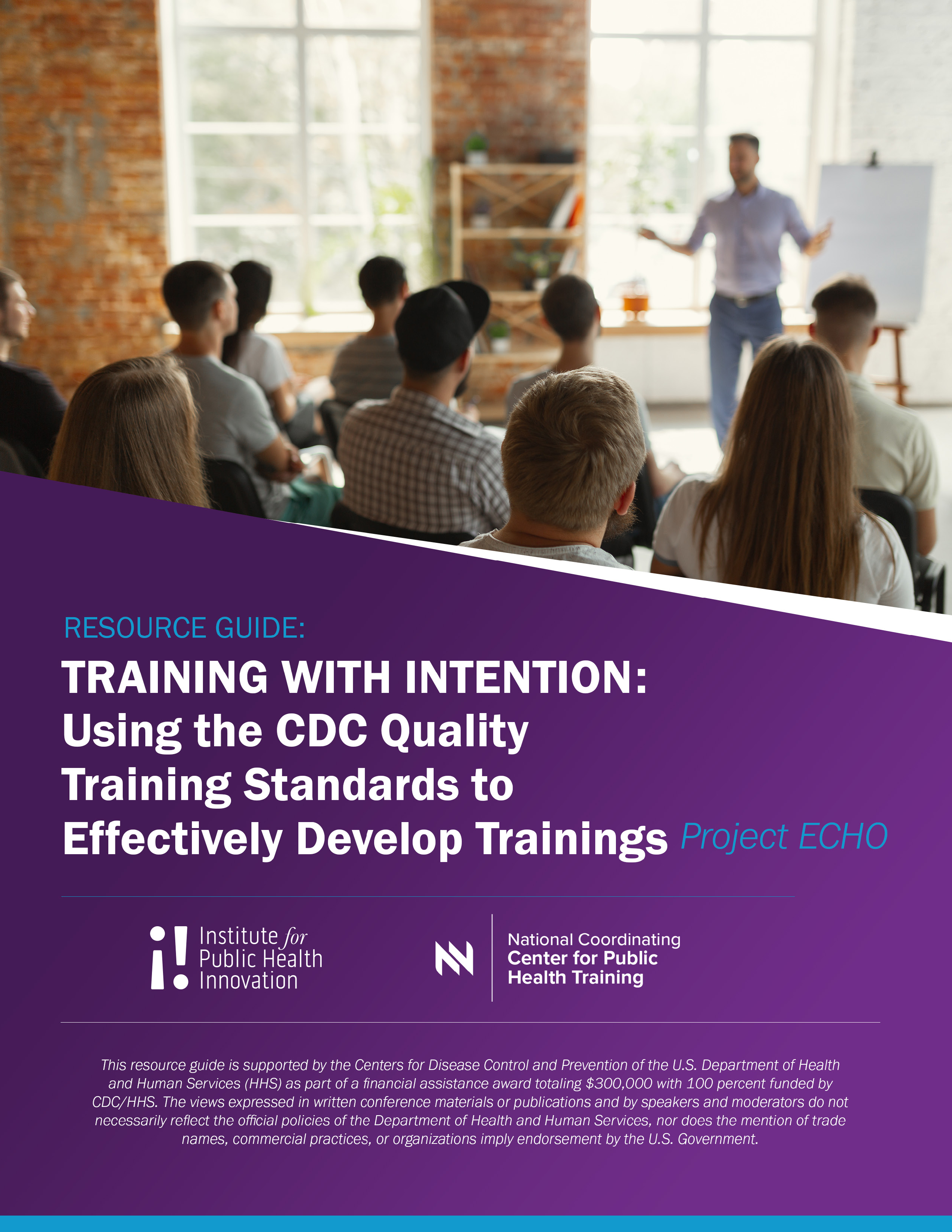 A young man stands by a blank easel and speaks to a group of people