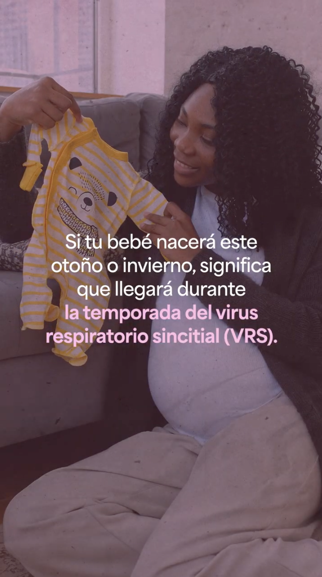 A black pregnant woman is smiling and holding a baby onesie, the video reminds pregnant people to get protected against RSV this fall and winter.