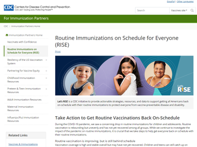 CDC webpage 'Routine Immunizations on Schedule for Everyone (RISE)'