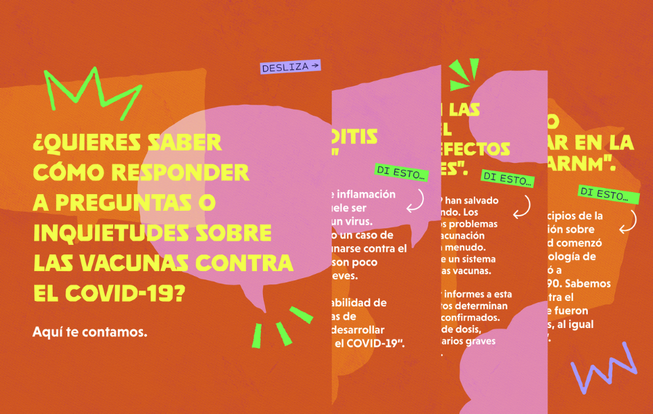 Four graphics with orange backgrounds and dialogue bubbles in the background explain how to answer questions or concerns about COVID-19 vaccines