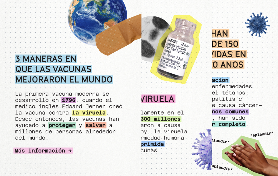 Three-slide graphic with a school notebook design. Slide 1 introduces the three ways vaccines changed the world for the better with historical reference to Edward Jenner's smallpox vaccine in 1796. Slide 2 explains that vaccines helped eradicate smallpox, which killed over 300 million people in the 20th century. Slide 3 states vaccines have saved over 150 million lives in 50 years and helped reduce or eliminate diseases like mumps, tetanus, chickenpox, hepatitis, and HPV.