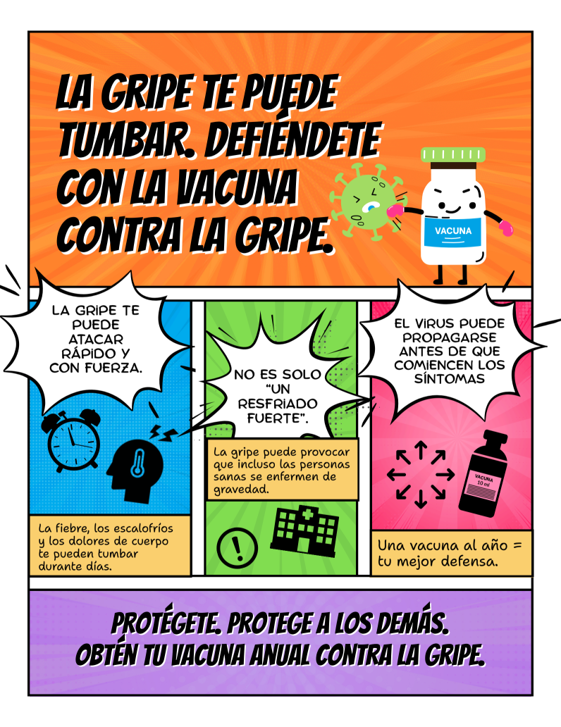 Comic-style graphic with bold text that says, “The flu can knock you down. Fight back with the flu vaccine.” Panels below read: “The flu can hit fast and hard. Fever, chills, and body aches can take you out for days.” “It’s not just a bad cold. The flu can lead to serious illness, even for healthy people.” “The virus can spread before symptoms start. One vaccine a year = your best defense.” Bottom text: “Protect yourself. Protect others. Get your yearly flu vaccine.”
