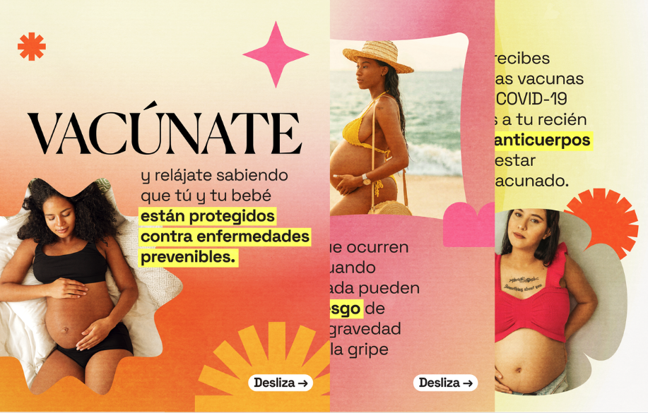 Three-slide graphic. Slide 1 shows a pregnant person lounging in the summer with text that reads, "Get vaccinated and kick up your feet knowing you and your baby are protected from preventable diseases." Slide 2 text explains pregnancy increases risk of severe illness from flu and COVID-19 and shows another pregnant person outside in a swimsuit. Slide 3 shows a prenant person and notes that getting Tdap, flu, COVID-19, and RSV vaccines during pregnancy passes antibodies to protect newborns.