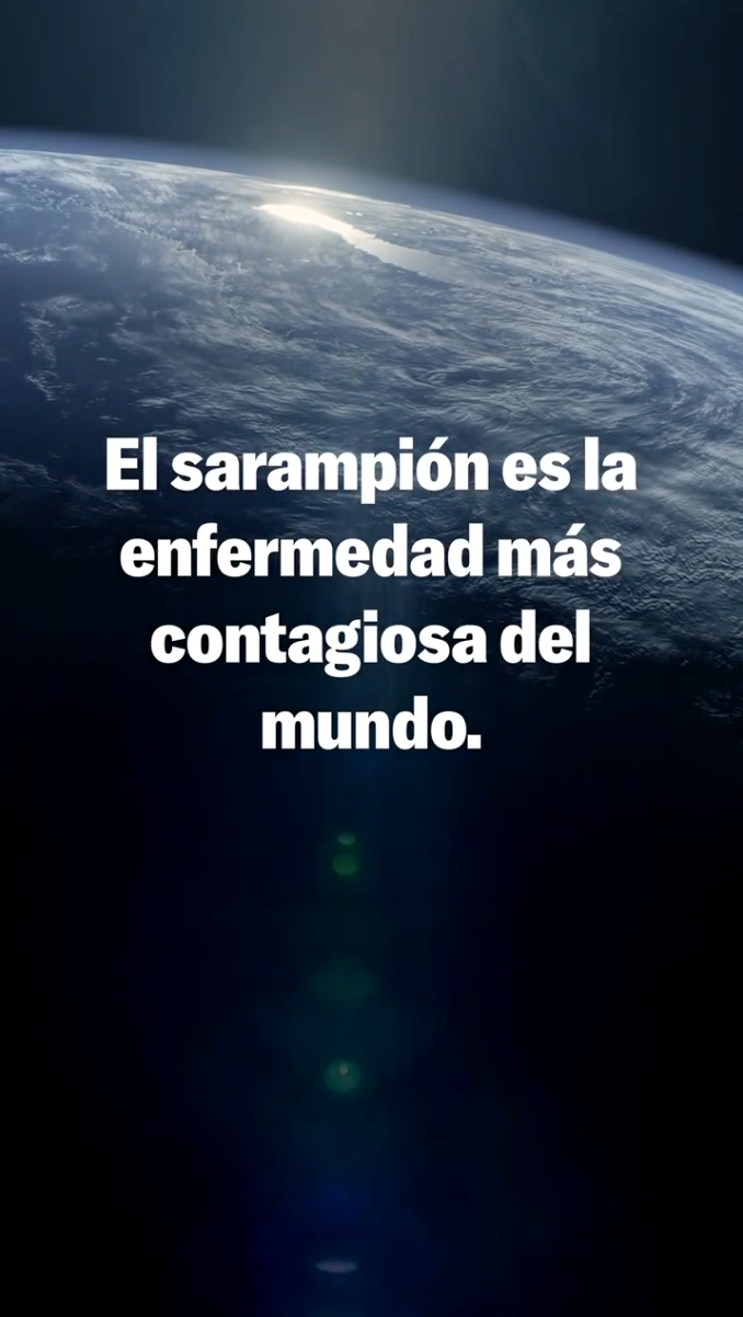 Video uses human silhouettes to represent the number of unprotected individuals who can be infected by one person with a disease. On the left, there are 18 silhouettes for measles. A rotating split-screen on the right shows 9 silhouettes for chickenpox, 3 for the common cold, and 2 for the flu. The last frame shows a family with young children and text on screen: "Two doses of the MMR vaccine helps to protect your family from measles."