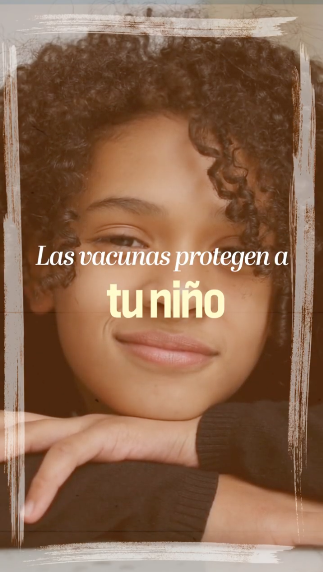 Video shows clips of a smiling child, parents playing with a young child, a group of different aged individuals. Text rotates to read: “Vaccines protect your child. Vaccines protect your family. Vaccines protect your community.” Next frame shows a purple background with text that reads: "The American Academy of Pediatrics recommends every child get vaccinated against certain diseases at specific ages for the best protection."