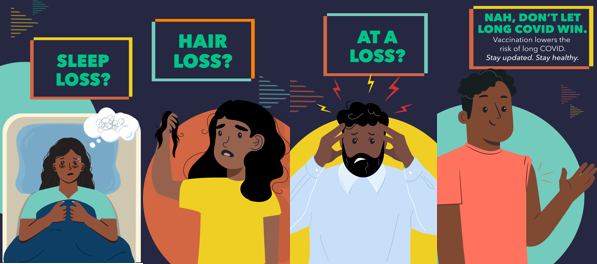 Graphic shows a Black woman lying awake in bed, a Black woman looking concerned and holding up a chunk of her hair, a Black man looking frustrated, and a Black man smiling and waving.