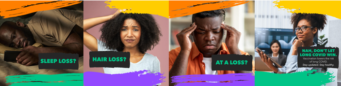 Graphics show a Black man lying awake in bed on his phone, a Black woman scratching her head and looking confused, a Black man looking frustrated and massaging his temples, and a Black woman looking happy and confident holding a tablet.