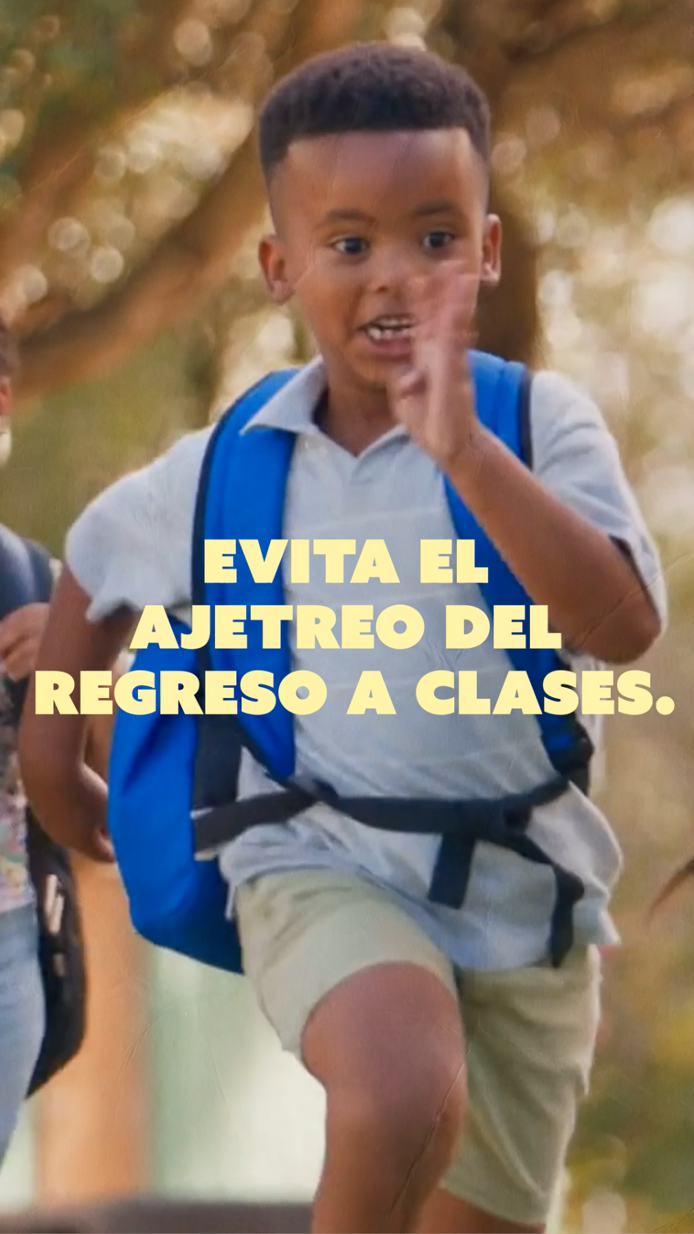 Video opens on kids running with backpacks with yellow text that reads: “Beat the back-to-school rush!” The next frame is a blue background with yellow text that reads: “Schedule your child’s vaccines today!”