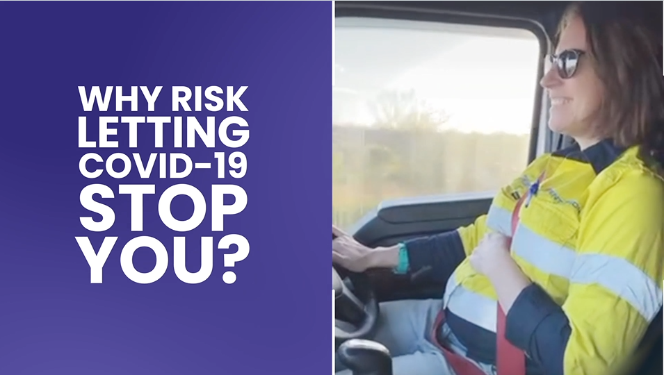 A pregnant woman wearing a yellow safety jacket is smiling while driving a truck and holding her stomach. Text reads "Why risk letting COVID-19 stop you?"