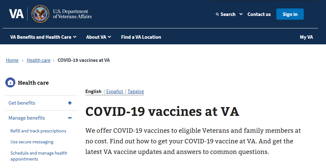 Department of Veterans Affairs webpage