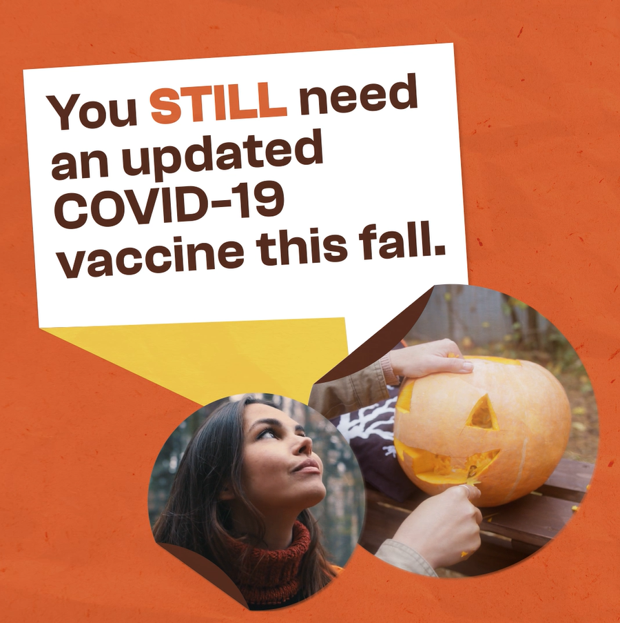 Video still shows a woman against an outdoor fall backdrop and a person carving a pumpkin.