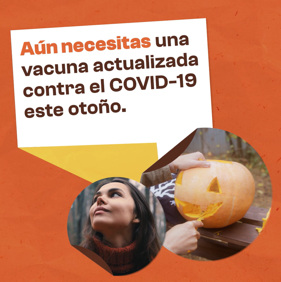 Video still shows a woman against an outdoor fall backdrop and a person carving a pumpkin.