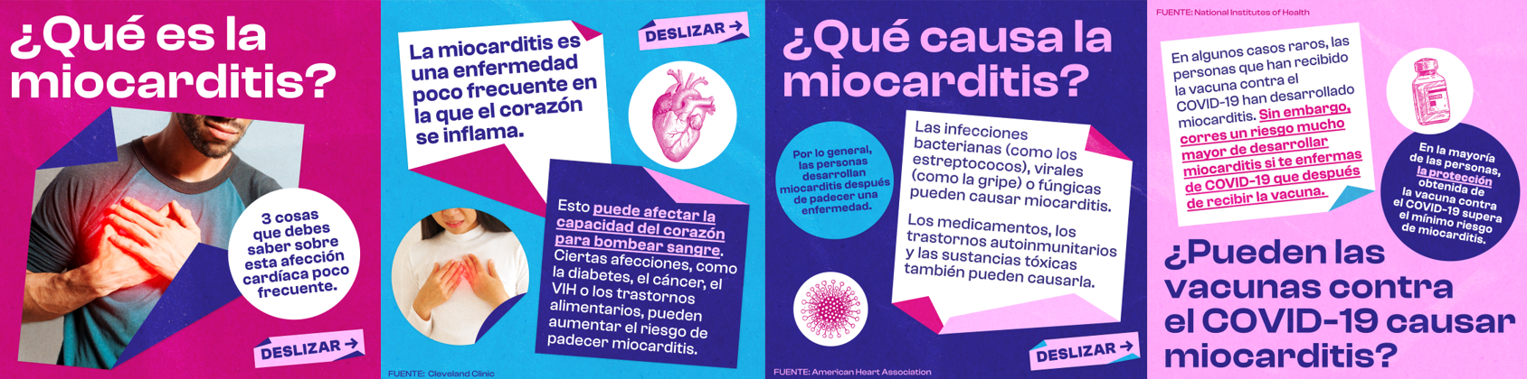Social media carousel displays various images related to myocarditis, including people clutching their chests, the human heart, viruses, and a vaccine vial. Carousel covers what myocarditis is, what causes it, and how there's a higher risk of myocarditis from COVID-19 than from vaccine. 