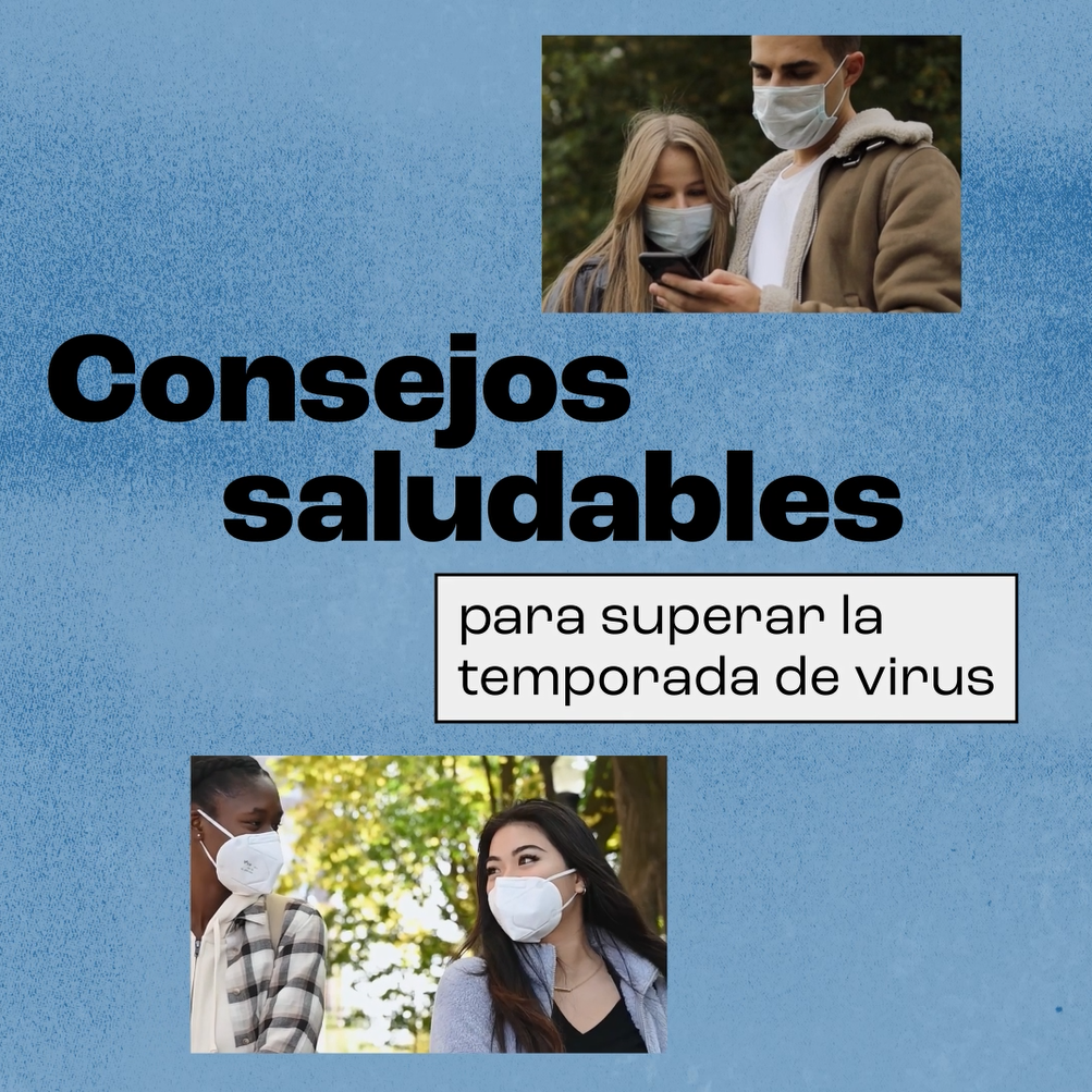 Video still reads 'Healthy hacks to get you through virus season' and shows photos of people of multiple races/ethnicities outside wearing masks.