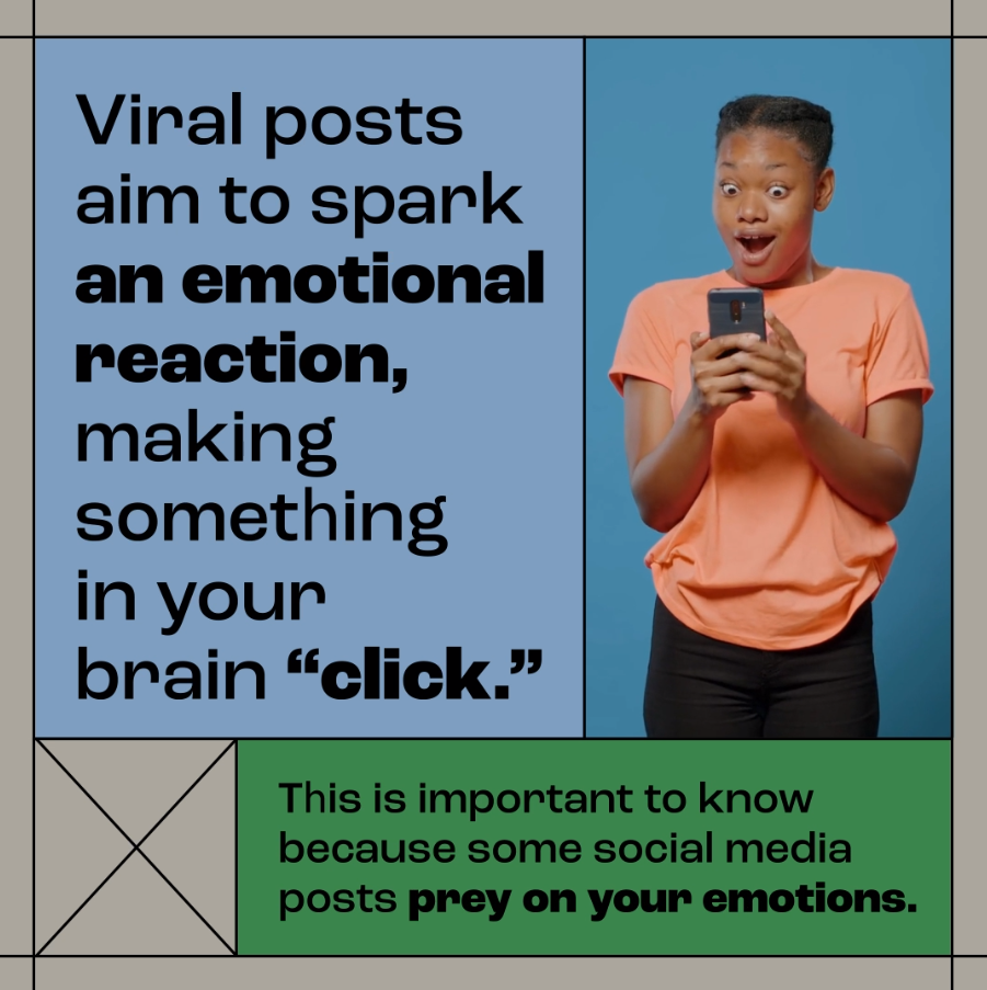 Video still explains how viral posts on social media seek to elicit an emotional reaction in us, with the image of a woman of color holding her smart phone with a shocked expression on her face.