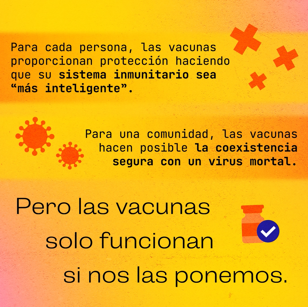 Video still shows viruses, vaccine vials and red plus symbols