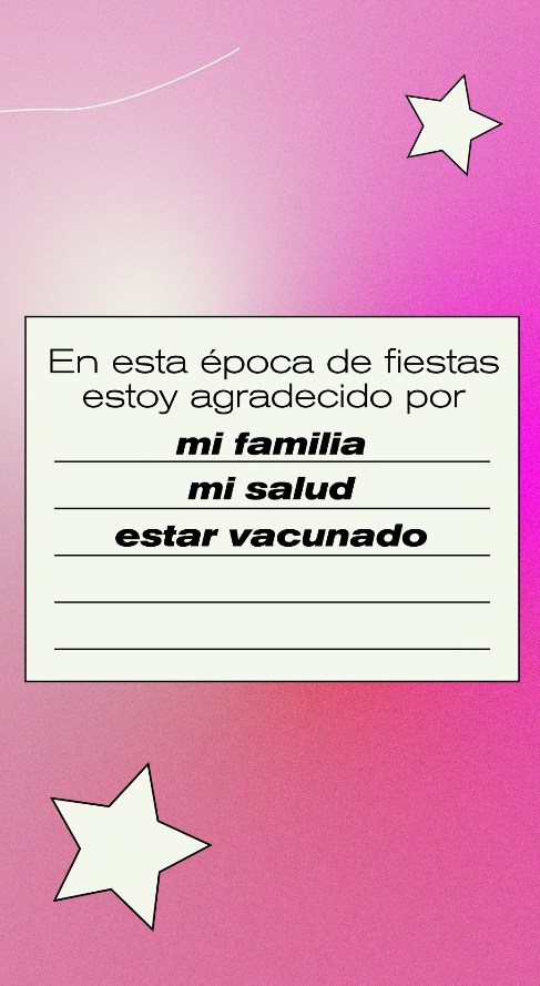 This is an image from a video that says "This holiday season I'm grateful for my family, my health, being vaccinated" in a white box surrounded by a reddish-pink backdrop with stars.