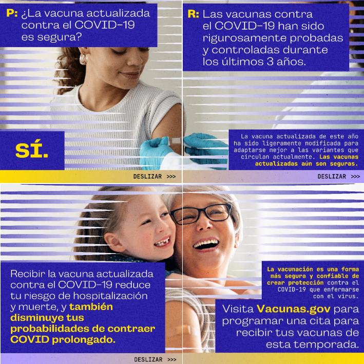 Graphics show a smiling woman receiving a band-aid on her arm and a grandmother carrying her granddaughter, laughing.