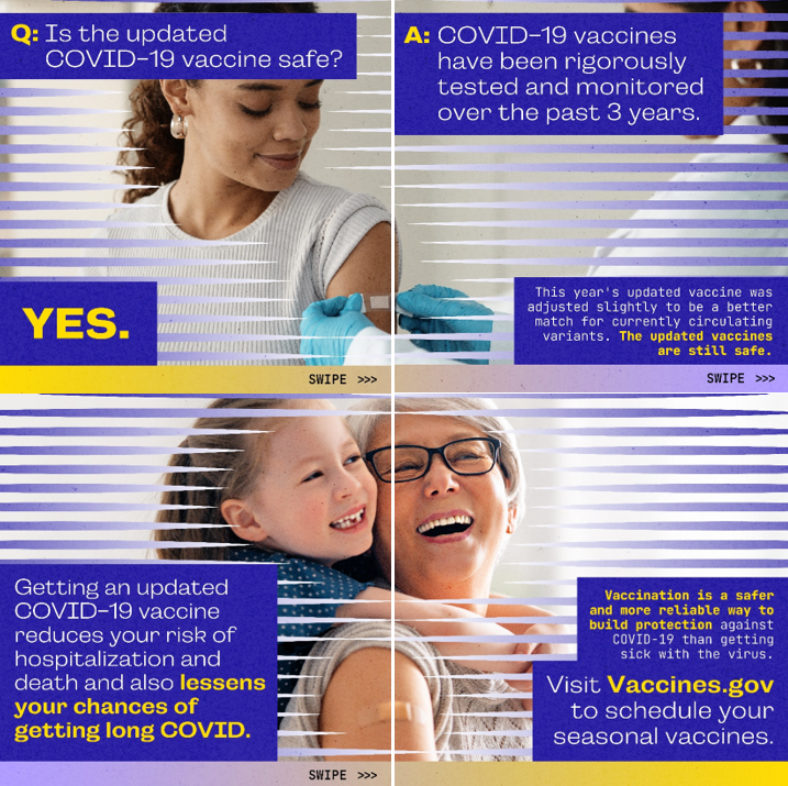 Graphics show a smiling woman receiving a band-aid on her arm and a grandmother carrying her granddaughter, laughing.