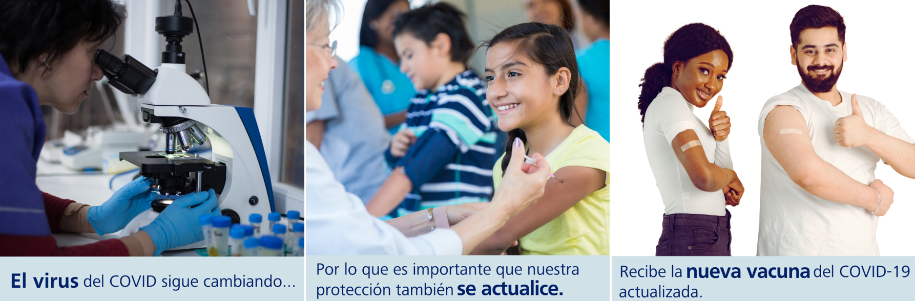 Graphics show a woman looking through a microscope, a young girl of color receiving a vaccine, and a man and woman of color smiling and showing band-aids on their arms.
