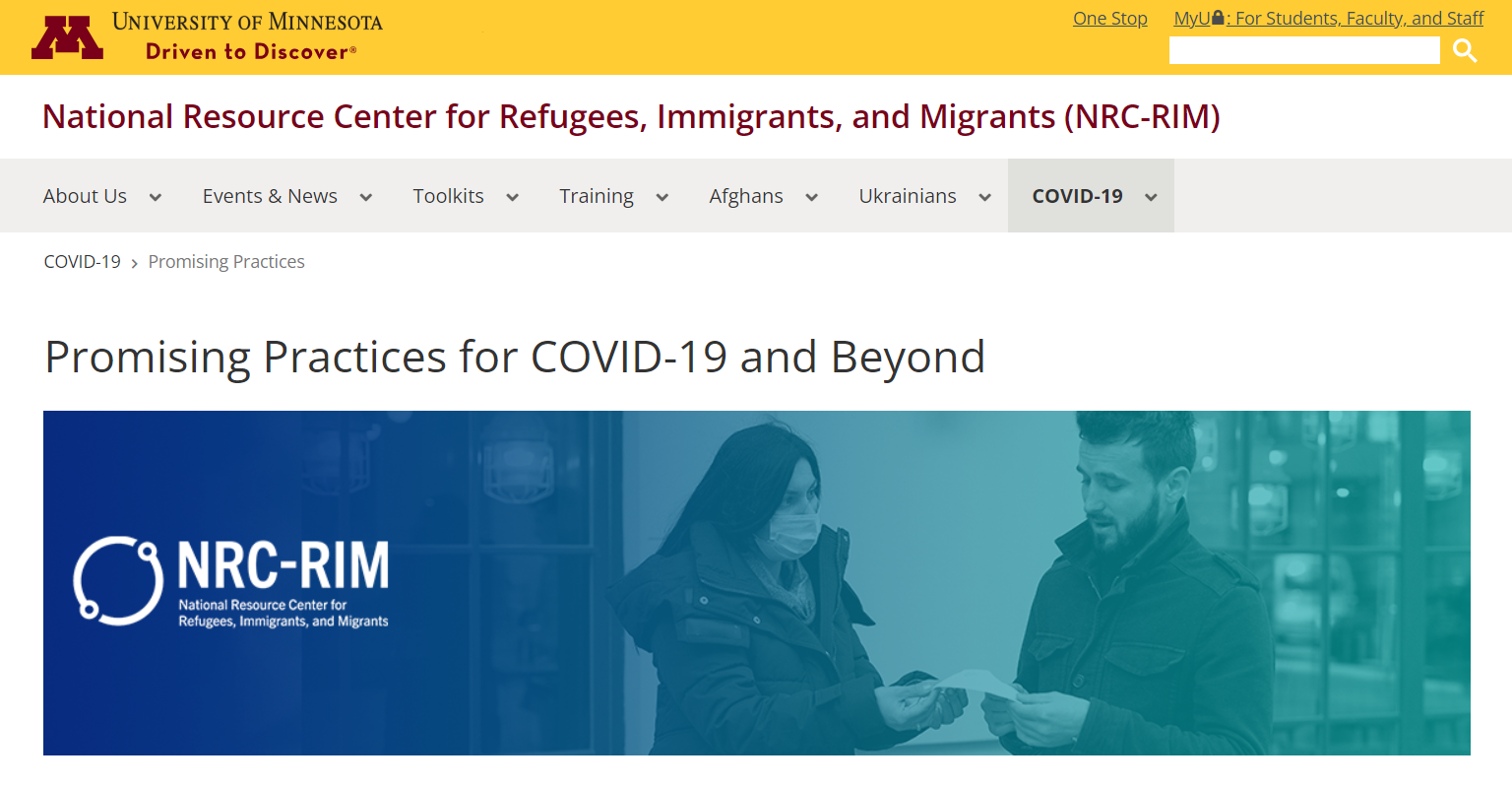 Website shows an image of a man and woman in a mask talking together outside.