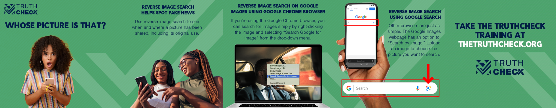 Graphics show one Black woman holding her phone and looking shocked, two Black women laughing together looking at a phone and screenshots showing how to reverse image search.