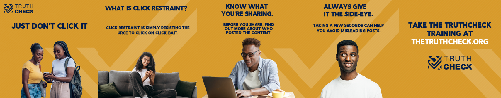 Graphics present a series of Black people looking at their phones and computers and one Black man showing a skeptical expression.