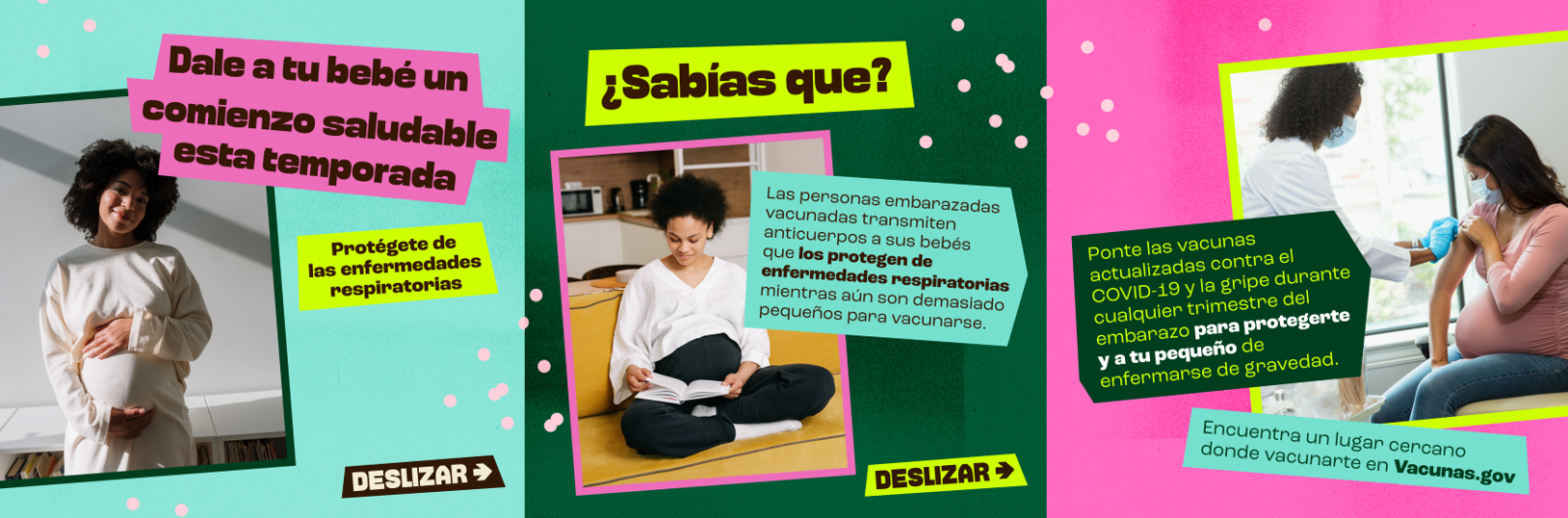 Graphics show a woman of color smiling and holding her pregnant belly, a pregnant woman of color reading on the couch, and a pregnant woman at the doctor receiving a vaccine.