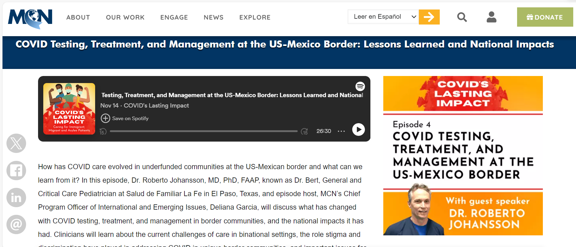 Webpage shows an image of the episode's speaker, Dr. Roberto Johansson.