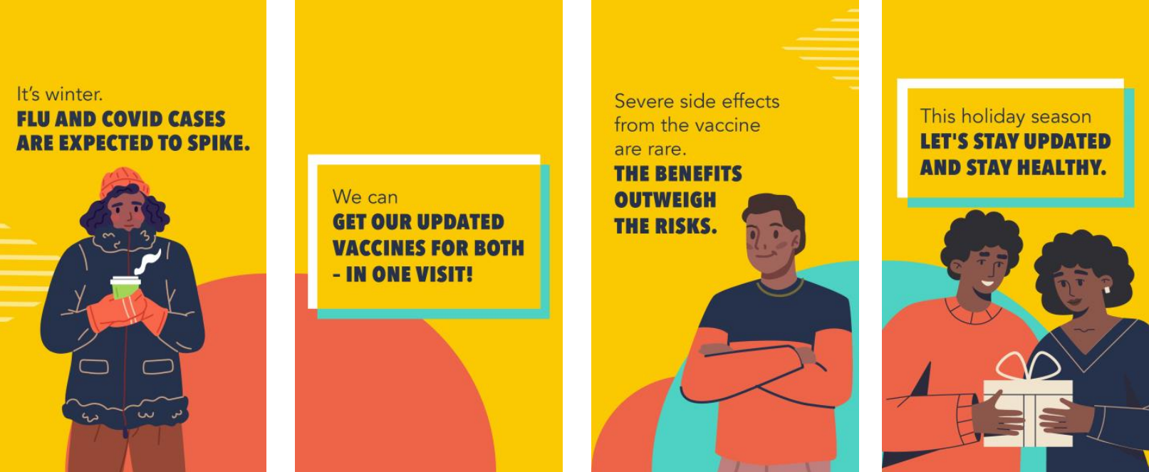 Graphics show a woman of color outside holding a warm drink, a man of color smiling, and two people of color exchanging wrapped gifts.